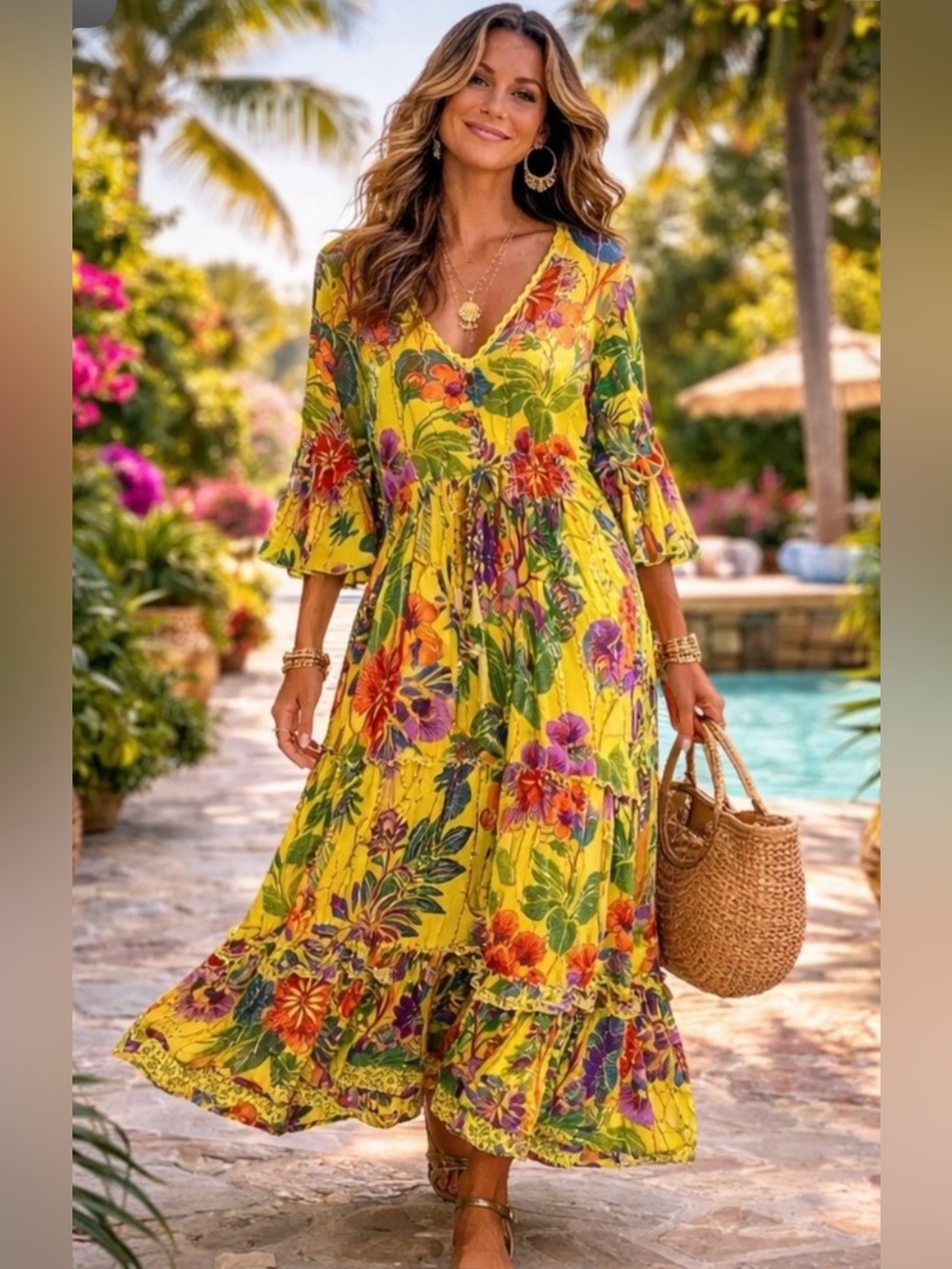 Anthropologie Me 2 Magic Yellow Floral Gold Striped Smocked Maxi Dress Size 3X